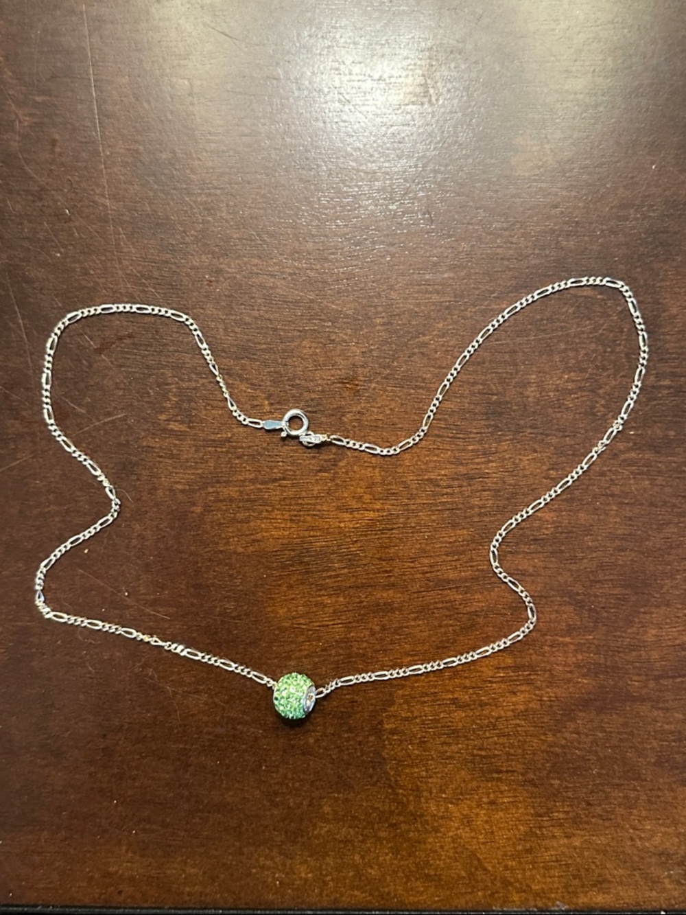 Gorgeous .925 18” Silver Chain Necklace with Green .925 Crystal Bead